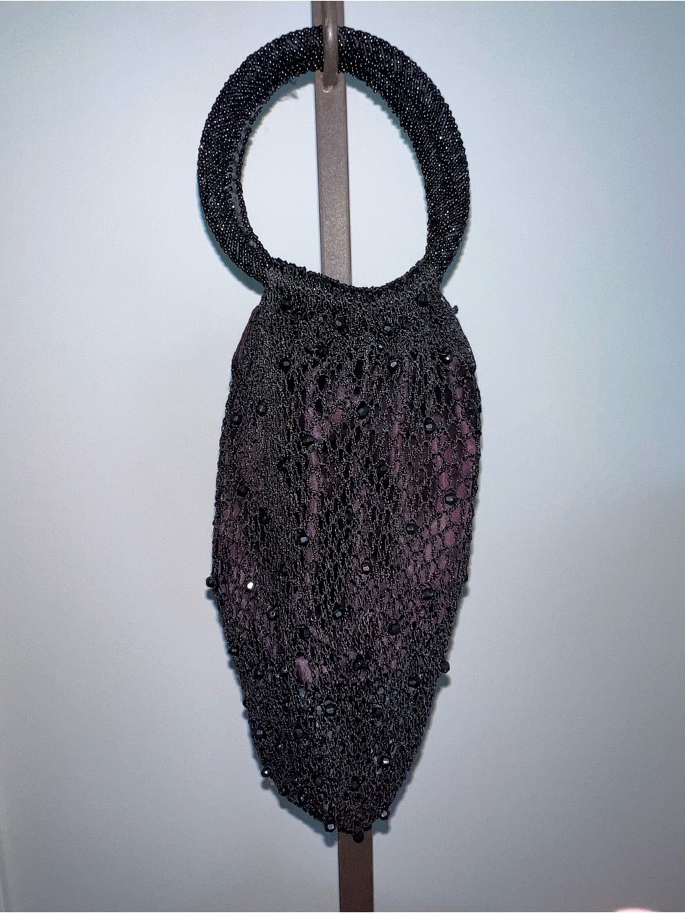 Vintage Y2K Black Beaded Crochet Evening Bag – Ring Handle